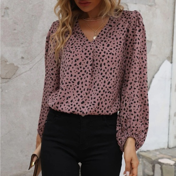 Boho dusty pink Dalmatian print lantern sleeve blouse - Picture 4 of 6